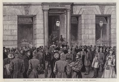 Scene utenfor Birkbeck Bank, London, under byggesamfunnskrisen i 1892 (litho) av English School