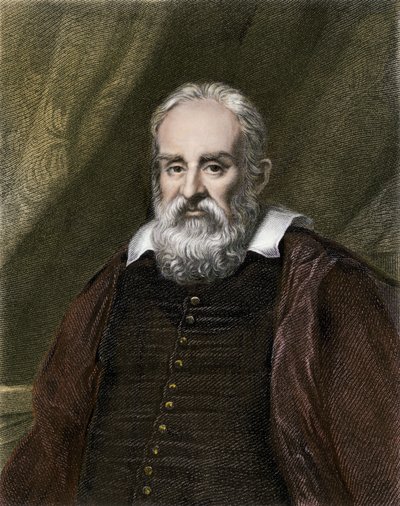 Vitenskap og vitenskapsmenn: Portrett av Galileo Galilei dit Galilee, italiensk astronom (1564–1642). Fargegravering. av English School