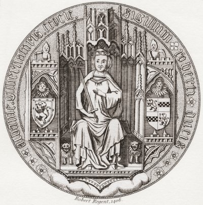 Segl av Robert Stewart, hertug av Albany, ca. 1340 – 1420. Medlem av det skotske kongehuset, regent, guvernør i Skottland, hertug av Albany, jarl av Fife & Menteith. Fra Iconographia Scotica eller Portraits of Illustrious Persons of Scotland, utgitt 17 av English School