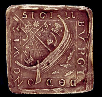 Segl fra byen Dunwich i Suffolk. Et skip er representert i en grov sjø, antakelig hentyder til stormene som ødela en del av byen i 1286 og 1347. 1300-tallet. Paris, Nasjonalarkivet av English School
