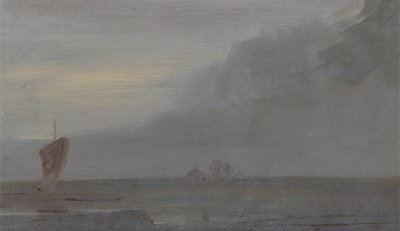 Seapiece with Boats: Evening, tidligere tilskrevet JMW Turner (1775-1851) og også tilskrevet Peter de Wint (1784-1849), 1810-20 (olje på papir) av English School
