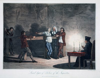 Andre grad av tortur av inkvisisjonen, gravert av L.C. Stadler, pub. av Cadell & Davies, London, ca. 1813 (farget gravering) av English School