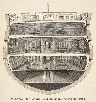 Utsnittsvisning av interiøret i Defense Hulk, illustrasjon fra The Criminal Prisons of London og Scenes from Prison Life av Henry Mayhew og John Binny, pub. 1862 av English School