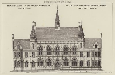 Utvalgt design i den andre konkurransen for de nye eksamensskolene Oxford, Front Elevation (gravering) av English School