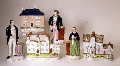 Utvalg av Staffordshire-figurer med tittel: Stanfield Hall; Potash Farm; Palmers hus; Emily Sandford; James Bloomfield Rush; William Palmer, ca. 1849 (keramikk) av English School