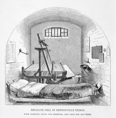 Separat celle i Pentonville Prison, fra The Criminal Prisons of London and Scenes of Prison Life av Henry Mayhew (1812-87) og John Binny, 1862 av English School