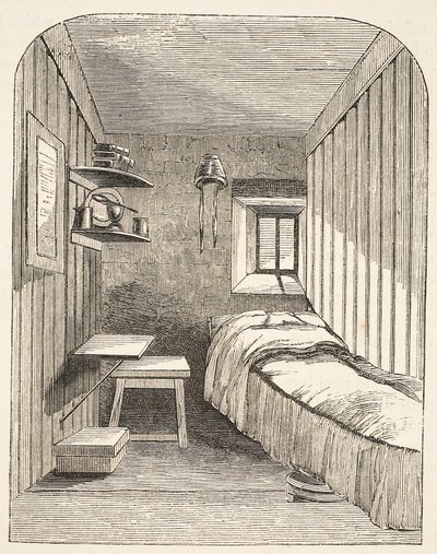 Separat sovecelle i en av de nye fløyene til Female Convict Prison i Brixton, illustrasjon fra The Criminal Prisons of London og Scenes from Prison Life av Henry Mayhew og John Binny, pub av English School