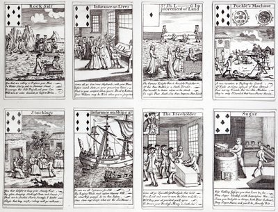 Sett med spillekort som viser satiriske scener av nåværende kommersielle satsinger og investeringer, ca. 1720 av English School