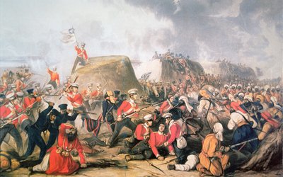 Sgt. McCabe hever fargene på vollene i slaget ved Sobraon (farge litho) av English School