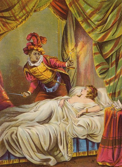 Shakespeare: Othello, Desdemona i sengen, sovende (kromolitho) av English School
