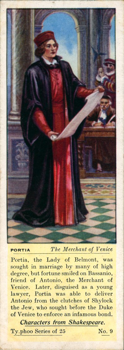 Shakespeare-figurer: Portia, Kjøpmannen i Venedig (fargelitografi) av English School