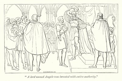 Maß für Maß; Angelo wird mit herzoglicher Autorität ausgestattet (Stich) von English School