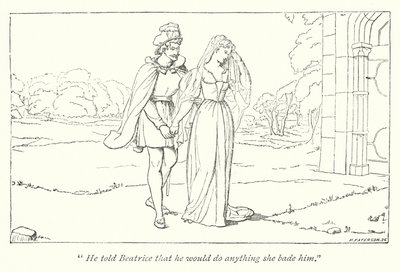 Shakespeares mye ståhei om ingenting; Beatrice beklager Heros skam mot Benedick (gravering) av English School