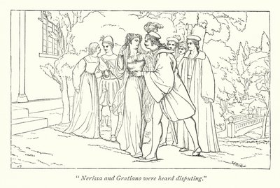 Shakespeares The Merchant of Venice; Portia oppdager seg selv som de påståtte Doctors of Laws (gravering) av English School