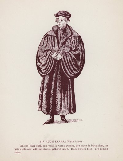 Shakespeares The Merry Wives of Windsor: Sir Hugh Evans, en walisisk prest (litho) av English School