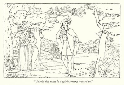 Shakespeares Stormen; Ferdinand ledet av Ariels sang (gravering) av English School