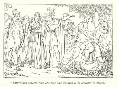 Shakespeares Titus Andronicus; Martius og Quintus arrestert for drapet på Bassianus (gravering) av English School