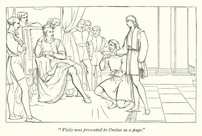 Shakespeares tolvte natt; Bildeteksten som presenterer Viola for Orsino av English School