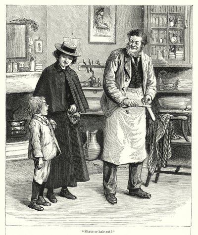 "Barbering eller hårklipp?" (gravering) av English School