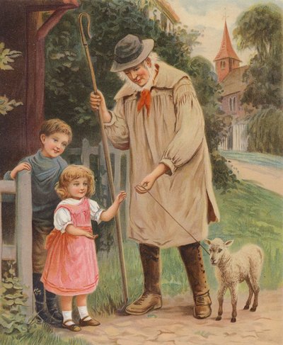 Gjeter gir tøylene til et kjæledyrlam til en liten jente (chromolitho) av English School