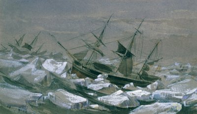 Forsendelse av James Clark Ross med skipene 'Erebus' og 'Terror' på jakt etter den magnetiske sørpolen (olje på lerret) av English School