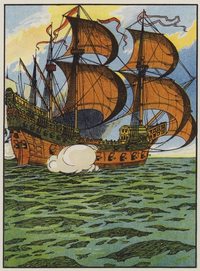 Skip fra den spanske armadaen (farge litho) av English School