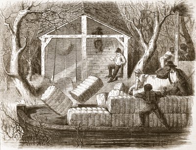 Skyting av bomullsballer inn i den fremre delen av elvedamperen Magnolia, illustrasjon fra The Illustrated London News, 1861 av English School