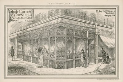 Butikkhjørnet av Cornhill og Gracechurch Street, City, London av English School