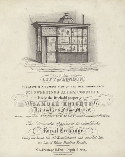 Butikk til Samuel Knights, trykkeri og rammemaker, 3 Sweetings Alley, Cornhill, City of London av English School