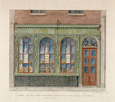 Butikk til avdøde Alderman Birch nær Royal Exchange. 1871 (wc på papir) av English School