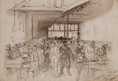 ?Shoreditch, Penny-middag på Australian Meat Company, ca. 1860 (blyant, blekk og vask på papir) av English School