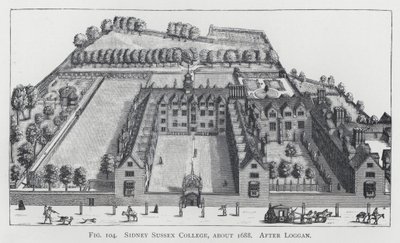 Sidney Sussex College, ca 1688, etter Loggan (gravering) av English School