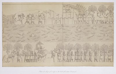 Beleiring av en by ved bredden av en elv, plate 42 fra Nineveh and its Remains av Austen Henry Layard (1817-94) publisert 1849 av English School
