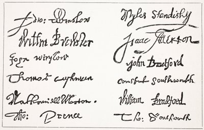 Signaturer til pilgrimsfedrene, illustrasjon fra Hutchinsons Story of the British Nation, ca. 1923 av English School