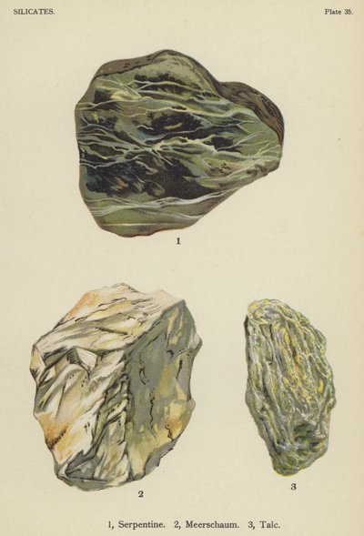 Silikater, serpentin, merskum, talkum (farget litografi) av English School