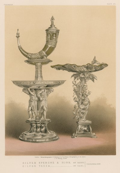 Silver Epergne og Horn av Hertz, Silver Tazza av Dahl, København av English School
