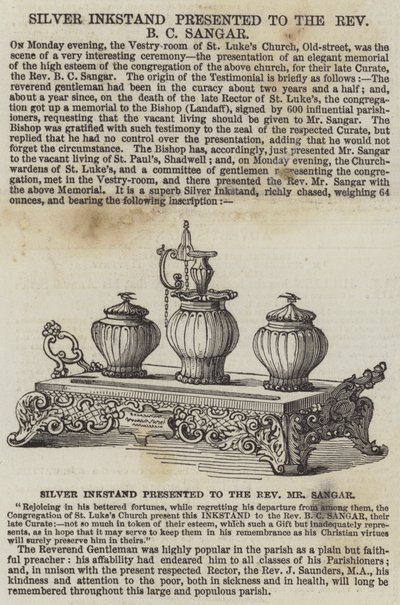 Silver Inkstand presented to the Reverend B C Sangar (engraving) av English School