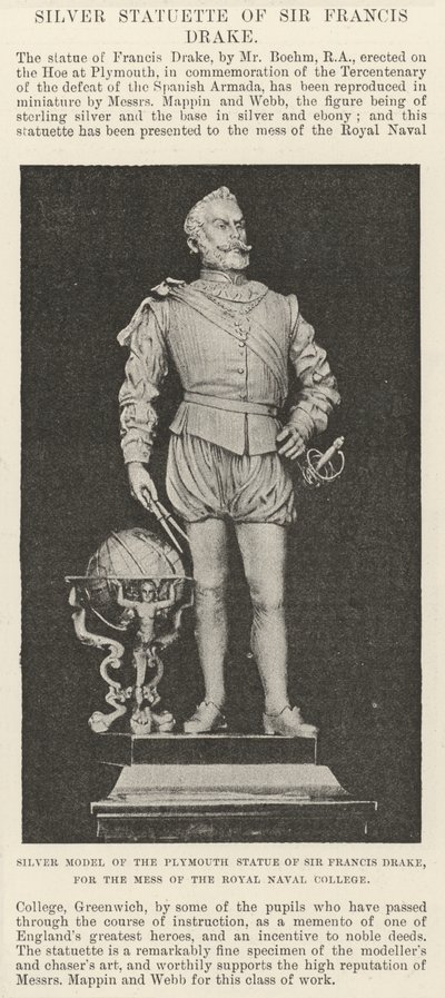 Sølvmodell av Plymouth-statuen av Sir Francis Drake, for rotet til Royal Naval College (gravering) av English School