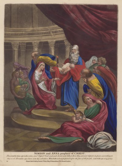 Simeon og Anna profeti om Kristus (farge litho) av English School