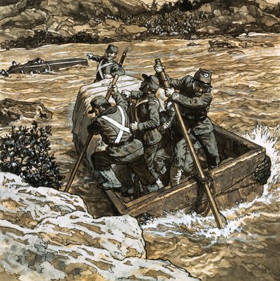 Simon Bolivars episke marsj over Andesfjellene (gouache på papir) av English School