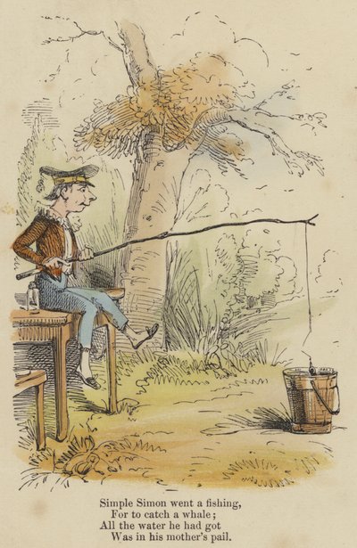Simple Simon gikk på fiske, For å fange en hval; Alt vannet han hadde, var i morens spann (farget gravering) av English School