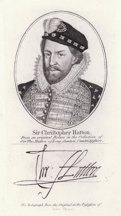 Sir Christopher Hatton, Lord Chancellor of England og favoritt til dronning Elizabeth I (gravering) av English School
