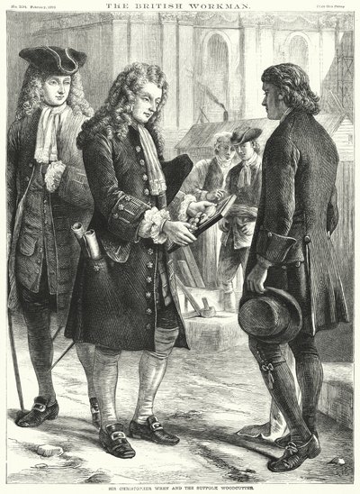 Sir Christopher Wren og Suffolk Woodcutter (gravering) av English School
