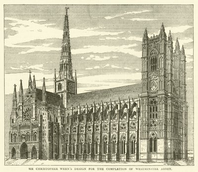 Sir Christopher Wrens design for ferdigstillelsen av Westminster Abbey (gravering) av English School