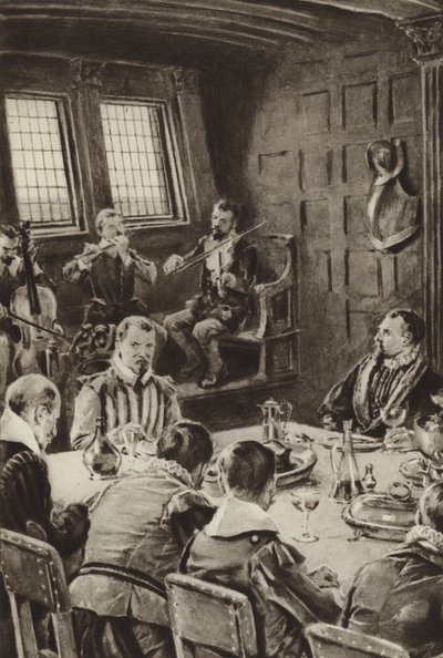 Sir Francis Drake, spiste på The Golden Hind til lyden av fioliner av English School