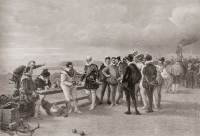 Sir Francis Drake spiller bowls, med den spanske armadaen i sikte ved Plymouth Hoe, England i 1588. av English School