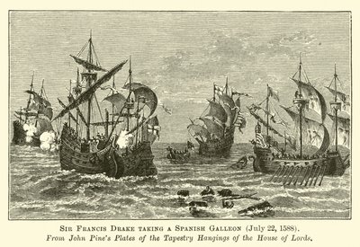 Sir Francis Drake tar en spansk gallion, 22. juli 1588 av English School