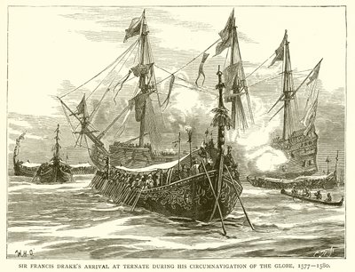 Sir Francis Drakes ankom Ternate under hans Circumnavigation of the Globe, 1577--1580 av English School