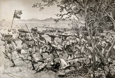 Sir Henry Morton Stanley og mennene hans kom endelig ut av skogen og ut på gresslandet i 1887, under deres Emin Pasha-hjelpekspedisjon i Afrika. av English School