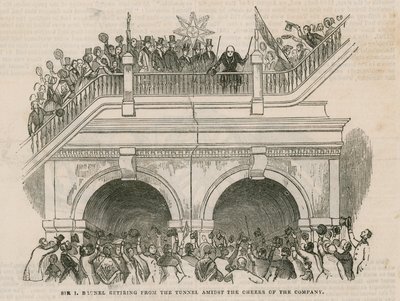 Sir Isambard Brunel trekker seg ut av tunnelen under jubelen fra selskapet av English School